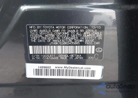 2011 Lexus Es 350 z USA, uszkodzony, nr VIN JTHBK1EG8B2435885